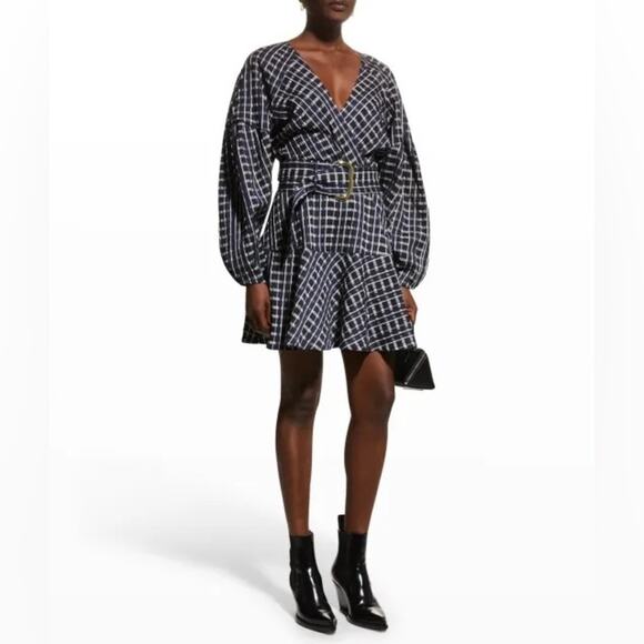 TANYA TAYLOR Nicola Mini Dress Navy White Check Puff Sleeve Fit & Flare Belt NEW - Picture 6 of 9